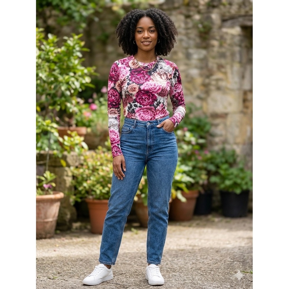 Womens Floral Long Sleeve Crew Neck Top Pink Burgundy Multi Size L